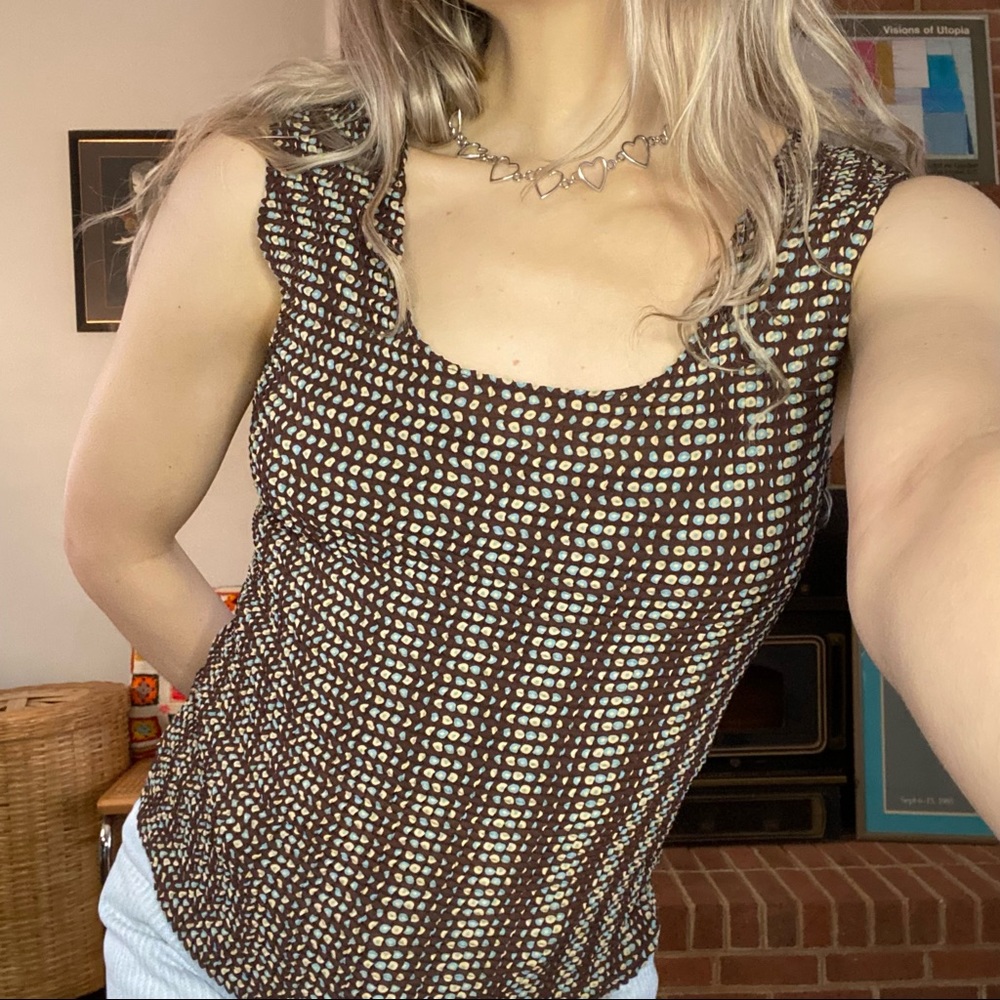 Vintage 90s Groovy Print Stretch Wide Strap Square Scoop Neck Sleeveless…